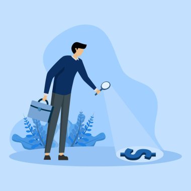 concept Looking for investment opportunity, businessman looking through magnifying glass to see dollar sign looking for money, stock market research or hidden costs and expenses concept.