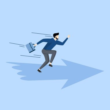 Concept Moving forward to achieve success, career development or work venture concept, confident ambitious businessman walking forward with arrow symbol, motivation to achieve business targets.