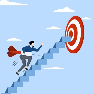 Concept of success steps to achieve business goals, challenge concept, cheerful businessman carrying darts on ladder to achieve bullseye dartboard. developing a journey or aiming to achieve a goal.
