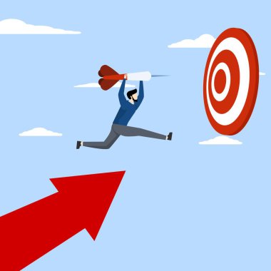 Successful business target achievement concept, achieve target and goal concept, hold graphic arrow up and jump on target bullseye to win in business strategy, businessman leader.