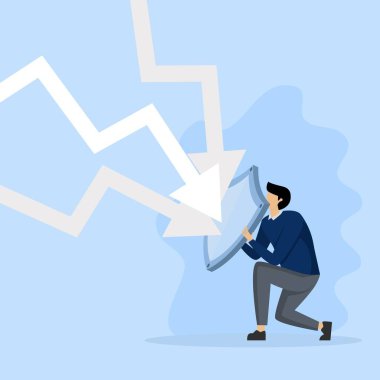 The concept of protective or defensive stocks in times of economic crisis or market crash, resilient businesses to survive adversity. Businessmen hold shields to cover and protect from the arrows of decline.