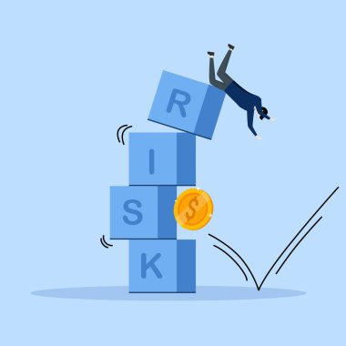 Concept of Risk in investing, volatility and fluctuation of stock market that price will decrease, businessman fall from stack of blocks with word impact RISK by coin money, stability concept.