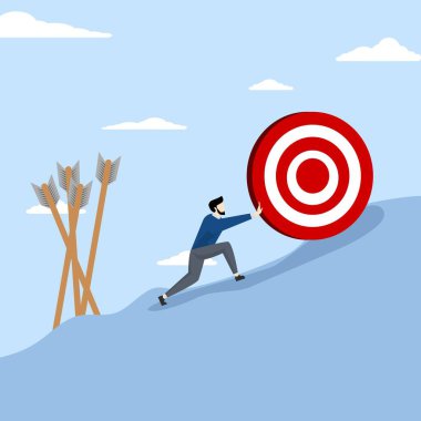 failure or obstacle, missed target, difficulty in working hard to achieve target or setting too high or unrealistic goal concept, businessman trying hard to push dartboard or arrow target up hill.