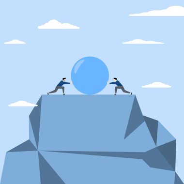 Business competition concept, knocking over each other, Leadership competition between two businessmen pushing each other big stone to eliminate competition