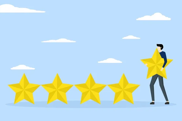 ユーザー体験のコンセプト 顧客フィードバックの星評価やビジネスと投資評価の概念 ビジネスマンは5つ星評価に追加する黄金の黄色の星を保持 — ストックベクタ