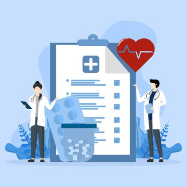 Doctor's care review report, health information checklist about diagnosis, health services, medical service health information check, Consultation meeting between medical team, flat vector