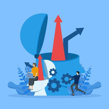 İki insan kafası ve yukarı ok, bir sonraki seviye iyileştirme, bir sonraki seviye kendini geliştirme eğitimi, lider eğitimi, ve akıl hocalığı, mutluluk arayışı, özsaygı ve güven, vektör düz çizim