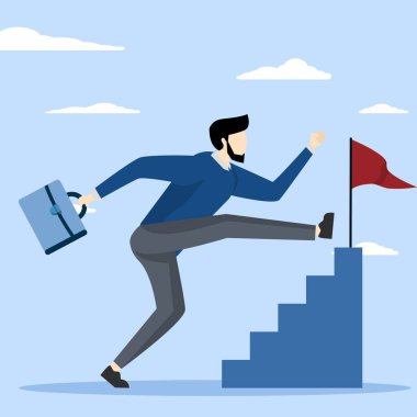 Shortcut or progress in career development or working to achieve target, skipping steps to achieve goal or beginner mistake by trying hard way to success concept, businessman skipping steps to achieve target.