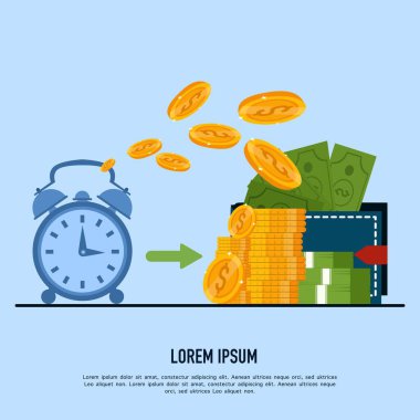 Time is money concept, Cash back, wallet with dollar sign and stopwatch, easy money, instant payments, fast money transfer, financial services, flat vector illustration
