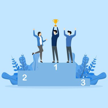 Team success concept win together, group winner or team win concept, team work or collaboration to achieve common goal, businessman and businessman colleagues holding win trophy on first place podium.