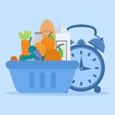 food delivery concept, complete grocery cart, supermarket special offer, food buying and delivery, food in shopping cart with clock as delivery time, illustration. flat vector.