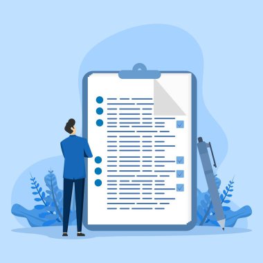 planlama çizelgesi çizelgesi. İş yazma notunu kalemle, günlük yapılacaklar listesini ve planlayıcıyı doldurarak. Günlük planlama konsepti. Vektör düz tasarım çizimi.