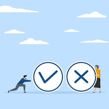 Artılar ve eksiler kavramı, büyük artıları ve eksileri olan iş adamı, doğru ve yanlış sembol. Yapılacak ve yapılmayacak şeyler ya da olumsuzluklar, karşılaştırma makalesi ya da tavsiye, evet ya da hayır, iyi ya da kötü fikir.