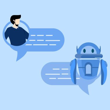 Ai sohbet robotu ve müşteri hizmetleri konsepti. Adam akıllı telefondan Chatbot 'la konuşuyor. Mesajla sanal asistanla sohbet et. Müşteri desteği. Vektör izole illüstrasyonu