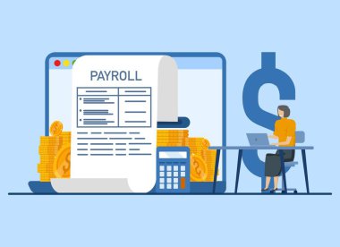 Maaş sistemi konsepti, iş kadını online bordro bilgisayarıyla oturuyor. Çevrimiçi gelir hesaplaması ve otomatik ödemeler, ofis yönetimi veya takvim ödeme tarihleri, çalışan maaşları.