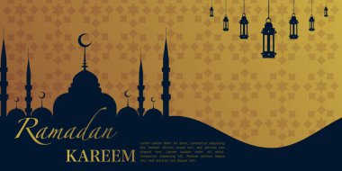 Ramazan Kareem illüstrasyonu, Ramazan temalı cami, yıldızlar, ay ve fener içeren illüstrasyon tasarımı. İş Dünyası Etiketi, afiş, sosyal medya vesaire. ramadan kareem temalı düz vektör çizimi.