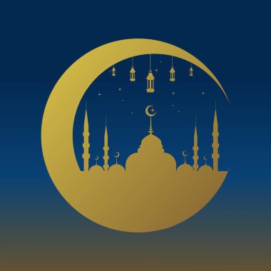 Ramazan Kareem 'in cami ve yıldız ışığı, ay ve fener, Arka plan İş Etiketi, Davetiye Şablonu, sosyal medya vb. ramadan kareem temalı düz vektör çizimi.