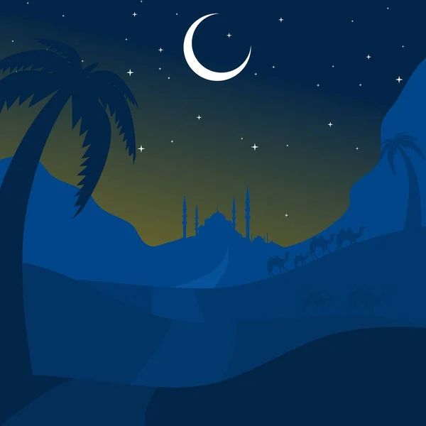 Ілюстрація Рамадана Карема Силуетом Мечеті Зоряним Світлом Місяцем Верблюдом Background — стоковий вектор