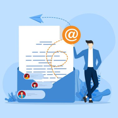 E- posta Pazarlama Konsepti, E- posta kullanarak yaratıcı bir kampanya göstermek, İniş sayfası için uygun, UI, web, uygulama giriş kartı, editör, broşür ve afiş, Düz Vektör İllüstrasyonu.