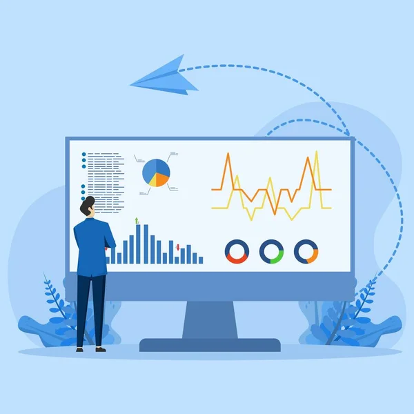 stock vector Software concept for system data monitoring, control panel or dashboard. People looking at diagrams and indicators on a computer screen. Modern flat colorful vector illustration for banners, posters.