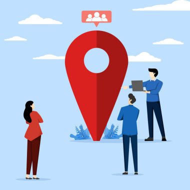 Toplu ya da kamusal toplantı için buluşma noktası kavramı, erkekler ve kadınlar bir harita rozeti veya konum işareti etrafında toplandı. İnsanları bir araya topla. Pankartlar ve posterler için modern düz vektör illüstrasyonu.