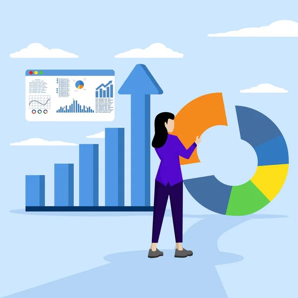 投資資産配分とバランスの概念 女性投資家や金融プランナーは 投資ポートフォリオのバランスをとるために円グラフを作るためにはしごに立っている フラット漫画ベクトルイラスト — ストックベクタ