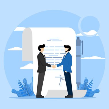 Concept Business anlaşması, başarılı sözleşme veya müzakere, anlaşma belgesi veya işbirliği, yürütme tokalaşması, iş ortakları iş anlaşması belgesi imzaladıktan sonra el sıkışma.