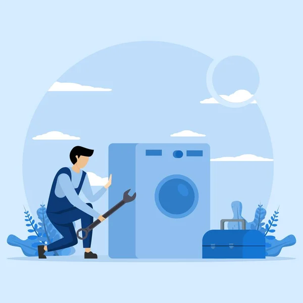 修理サービスの概念 工具で電気洗濯機を修理する均一な修理工 レンチ付きのプロの労働者 ホストは壊れた家電を修理する 電気技師配管工を呼べ — ストックベクタ