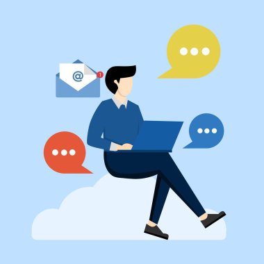 Bulut teknolojisi kavramı. Ofis karakteri ve bulut teknolojisi. Modern dijital teknoloji ve bilgi koruması fikri. Bilgi alışverişi. Vektör düz resimleme