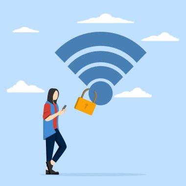 Wifi Şifreleme Konsepti, İnternet bağlantısı için kablosuz güvenlik veya güvenlik, ağ koruması veya mobil erişim, şifre şifreleme, asma kilit şifreleme ile kablosuz ağa bağlı mobil kullanıcılar.