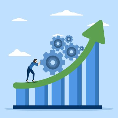 performans geliştirme konsepti, kalite veya ilerleme, süreç iyileştirmesi, üretkenliği artırmak için verimlilik, yönetim stratejisi, iş adamı grafik diyagramını geliştirmek için vites itiyor.