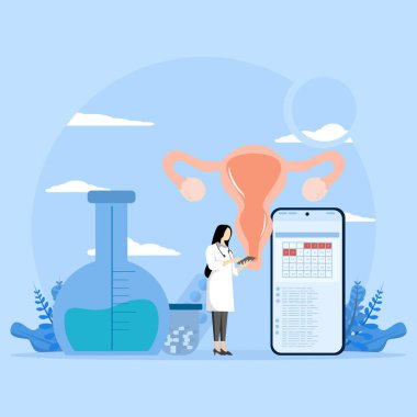 Dişi üreme sağlığı. Jinekolog uterus muayenesi, teşhis, laboratuvar test taraması yapıyor. Jinekolojik hastalıkların önlenmesi. Yumurtalıklar, rahim, servikal tıbbi tedavi. Vektör.
