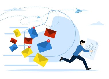 Vector illustration of a scared businessman running away from a multitude of emails chasing him. Modern character design. entrepreneurs run away from a lot of emails clipart