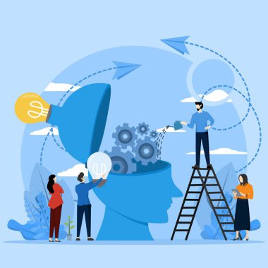 İş grafiklerinin yaratıcı temsili, analitik düşünce ve fikirlerle dolu, şirket genel bir fikir aramakla meşgul, soyut insan kafası, eskinin yerine yenisini koyuyor.