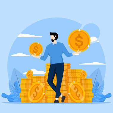 Finansal başarı konsepti, para yığını, para vektörü illüstrasyon konsepti, web sitesi, iniş sayfası, reklam broşürü, el ilanı