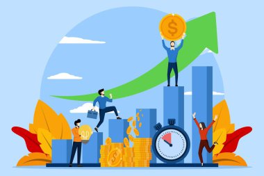 İş hayatında rekabetçi süreçler. İş adamları her adımı atarak hedeflerine koşuyorlar. Amaçlara ulaşmak için yollar, motivasyonu arttırmak için. Çalışanlar kazanır. Şirket yarışması. düz vektör illüstrasyonu.