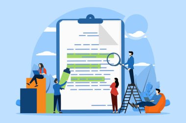 Belgede işaretli metnin bulunduğu tabletin yanında yaşayan karakter. Önemli metin vurgulama kavramı, kontrol listesi. Poster, el ilanı, afiş, düz iş vektörü illüstrasyonu için tasarım.