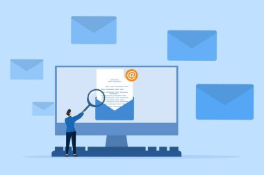 Çizim konsepti Açık e- posta. Bilgisayarınızdan yeni e-postalar hakkında uyarılar alın. Belgeler bir zarfın içinde. E- posta pazarlama yaratıcı düz vektör.