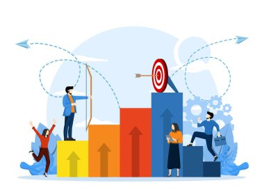 Büyüme grafiği üzerinden iş başarısı konsepti. Küçük insanlar iş amaçlarını gerçekleştirmek için birlikte çalışırlar. Başarılar iş ve hırs kazandırır. Pazarlama denetimleri. Düz vektör illüstrasyonu.