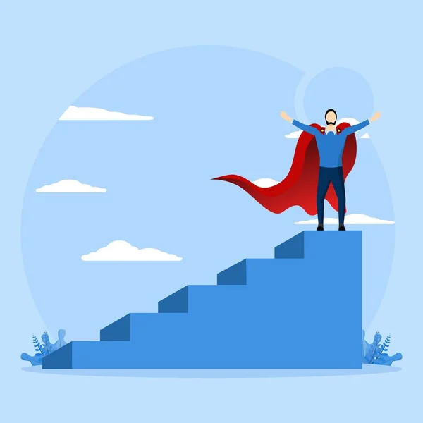 勝者と成功の概念は はしごの上にビジネスマン スーパーヒーローの男は誇らしげに折り畳まれた腕ではしごに立っている 青い背景のフラットデザインベクトル図 — ストックベクタ