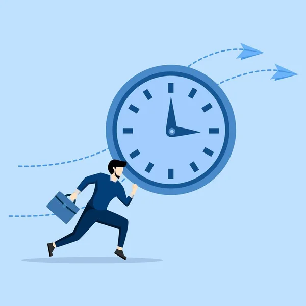 Time Management Concept Discipline Deadline Time Businessman Running Ahead Clock — Stock Vector