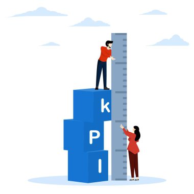 KPI kavramı, KPI kutusunun üzerinde duran ve performansı ölçen adam, iş konseptini gözden geçirmek ve geliştirmek için başarıyı değerlendirmek veya hedefleri karşılamak için anahtar performans göstergesi ölçümü veya verileri karşılamak.