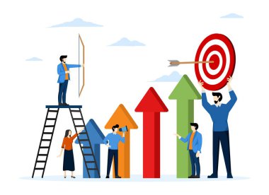 İş adamı okçu hedefe nişan alıyor, insanlar hedeflerine ulaşmak için ok boyunca koşuyor, motivasyonu arttırıyor, hedefe ulaşmanın yolu, beyaz bir arkaplanda düz vektör çizimi..