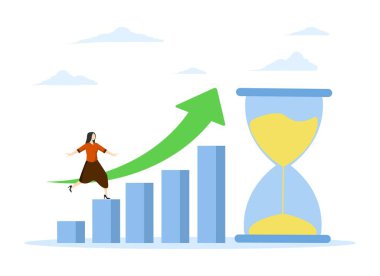 Time value of money, make profit or investment profit concept, long term investment, compound growth or successful business growth, woman walking up graph with hourglass metaphor. clipart