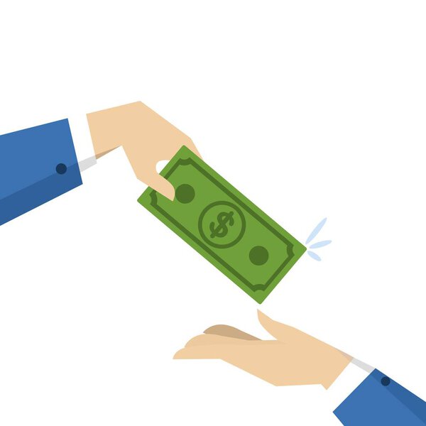 Занять деньги у друзей, долги и займы, концепция кредита или займа, выплата поощрений или бонусов, рука бизнесмена, давая банкноту в руку друга.