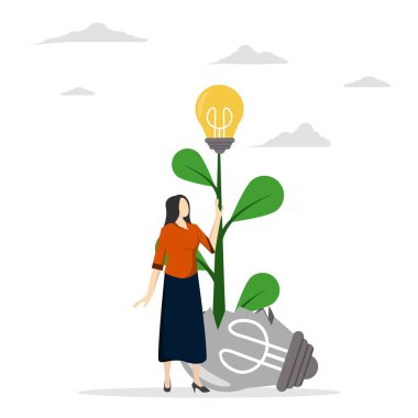 Başarısızlık, hatalar veya başarı motivasyonundan öğrenme, yeni yenilikler bulma arzusu ve çabaları ile neşeli bir işadamı, kırık bir tohumdan büyüyen parlak bir bitki tohumu fikri görüyor..