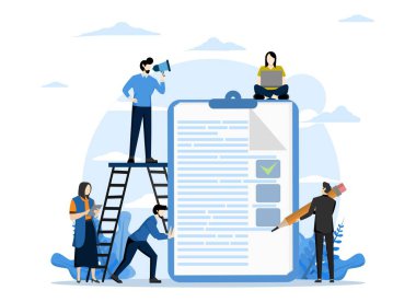 Vektör illüstrasyonu, küçük insanlar form dolduruyor, tam iş konsepti, kontrol listesi, uzun kağıt dökümanı ve onay kutularıyla yapılacaklar listesi, sancaklar için modern konsept, bilgi grafikleri, web siteleri.