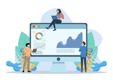 Veri Analisti konsepti, büyük veri istatistik araştırmaları, piyasa araştırma veri analizleri, mali rapor, web, uygulama giriş kartı, başyazı, el ilanı ve afiş ile birlikte, Vector Illustration.