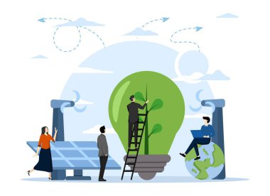 Yeşil Temiz Enerji Konsepti, yeşil enerjinin gücünü, yenilenebilir enerjiyi fosil enerjinin yerini alarak yeşil bir yaşam tarzını gösteriyor. İniş sayfası için tasarım, UI, uygulamalar ve daha fazlası, Vector Illustration.