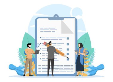 Anket Kavramı, insanları kalite testi ve memnuniyet raporu ile gösterme, görevler veya çalışma tamamlandı, iniş sayfası için uygundur, UI, web, uygulama giriş kartı, editör, el yazısı ve afiş, Vektör İllüstrasyonu.